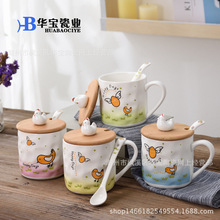 日式Zakka创意马克陶瓷杯子猫咪和鱼群带勺带盖早餐热卖牛奶水杯