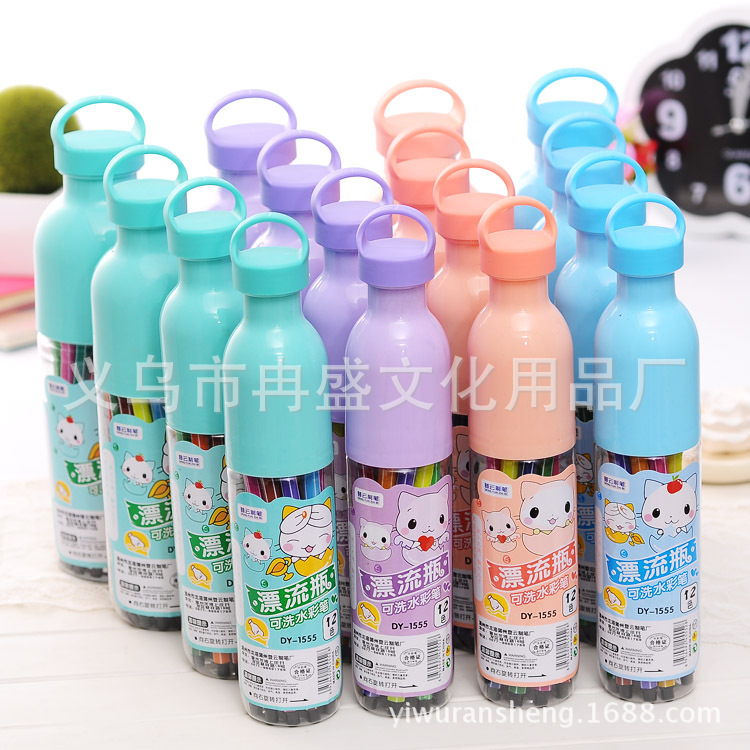 桶装漂流瓶12色水彩笔 可水洗画笔 绘画美术用品儿童文具批发