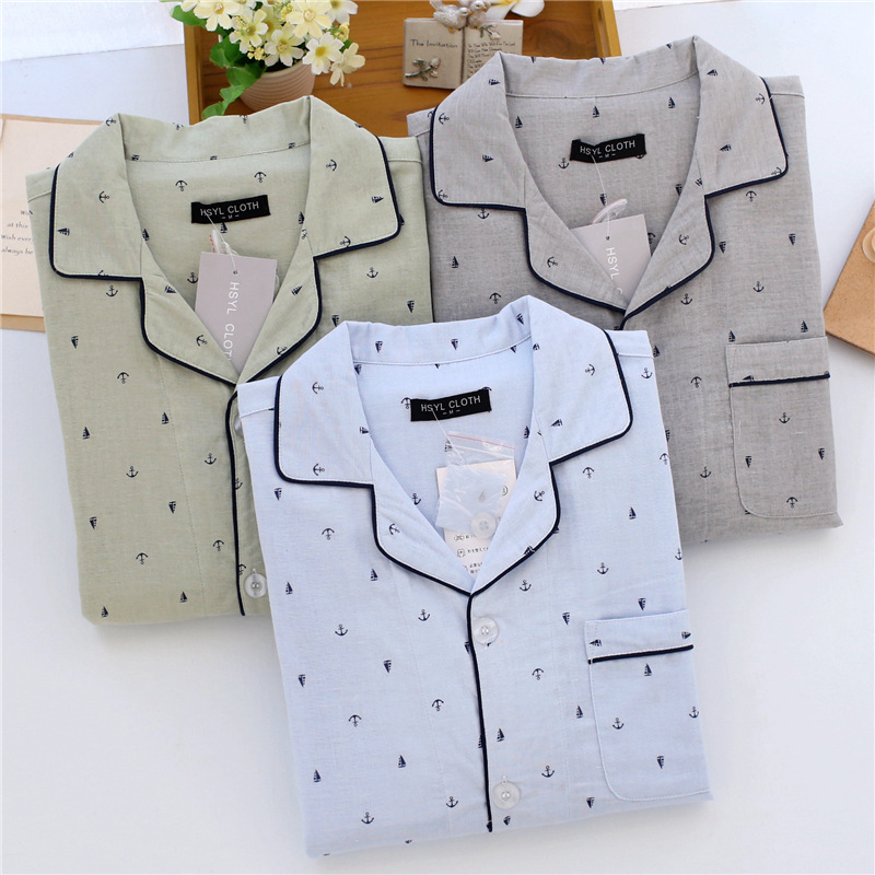 男睡衣家居服船锚套装棉秋季纱布长袖长裤居家男士棉睡衣