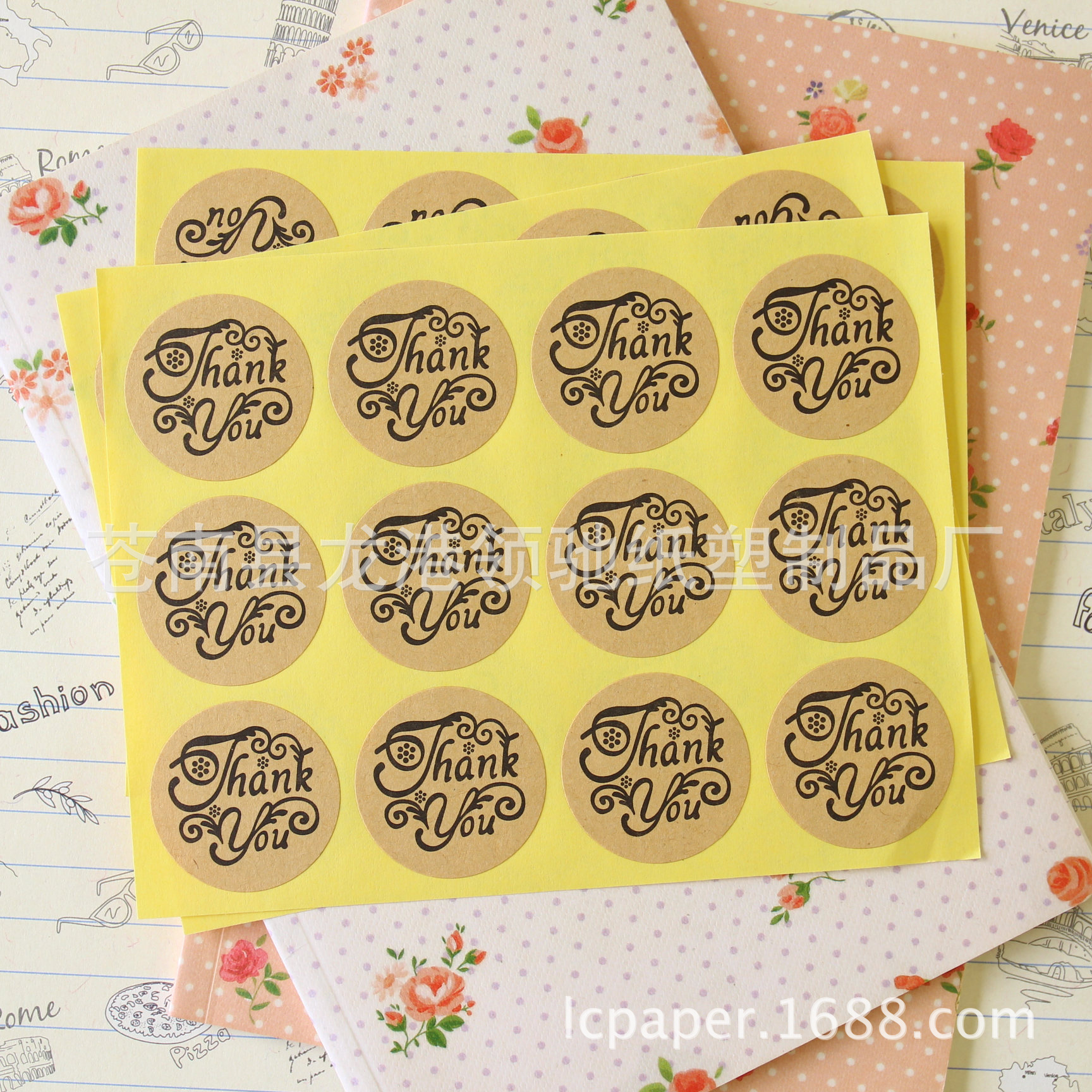 花体thank you圆牛皮纸不干胶标签封口贴纸60pcs/包烘焙礼物包装