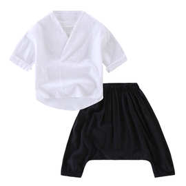 女童夏季纯棉套装男童童装2017韩版新款宝宝纯色和服哈伦裤两件套