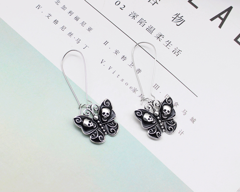 1 Pair Quantity 1 Pair Halloween Punk Streetwear Butterfly Skull Alloy Drop Earrings