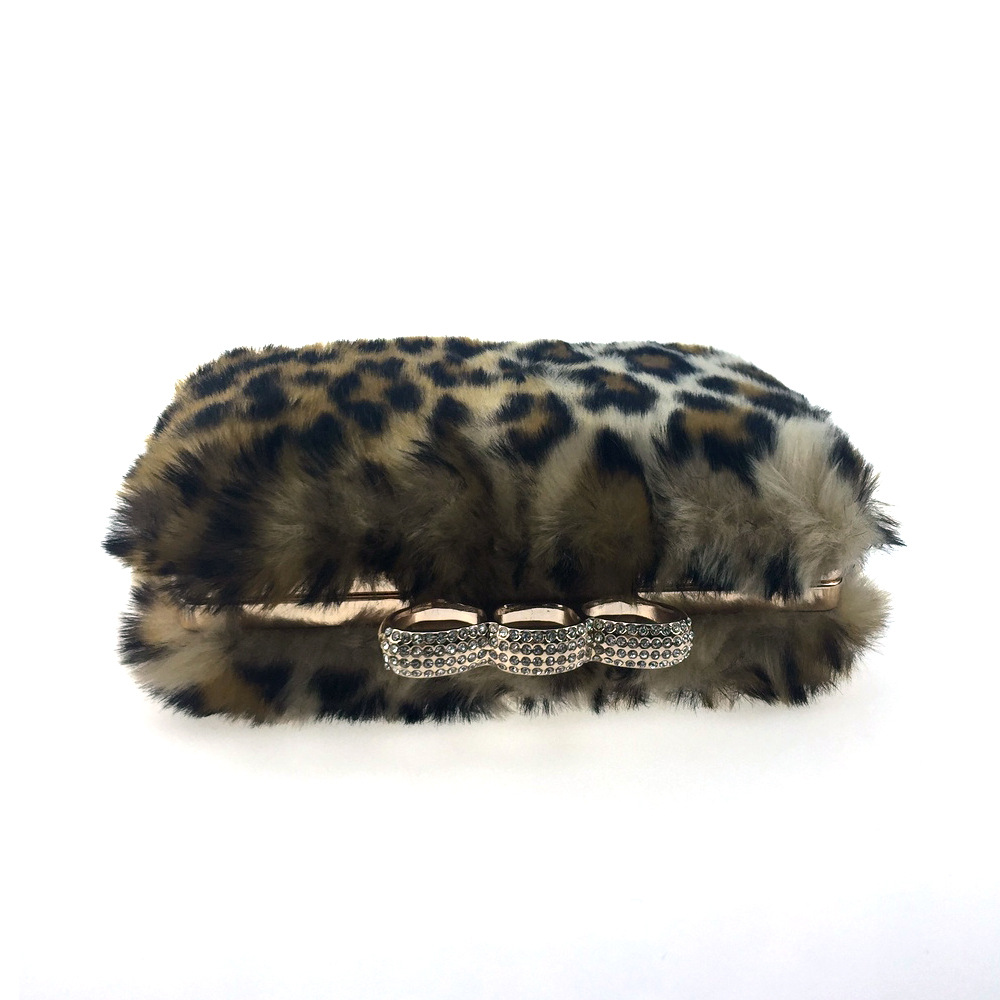 Túi clutch nữ lông giả họa tiết da báo, tay cầm và dây xích, dự tiệc sang trọng — Họa tiết da báo màu mơ, Họa tiết da báo màu camel chi tiết 11