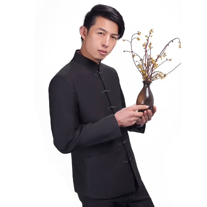秋季新款漢服男士唐裝套裝中山裝修身立領青年中國風盤扣中式禮服