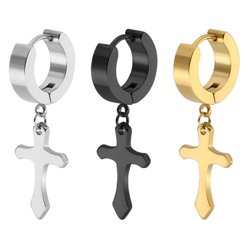 韩国高档钛钢圆形圈带十字架吊坠耳扣耳坠日韩新款耳饰厂家现货|ms
