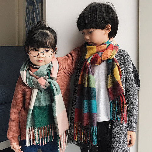Children's Plaid Scarf with Lambskin Faux Lambskin - New Autumn/Winter Version, Striped Plaid, Colorful Contrast, Multicolored, Versatile Parent-Child Shawl
