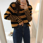  宽窄条纹拼接   高领   打底毛衣 