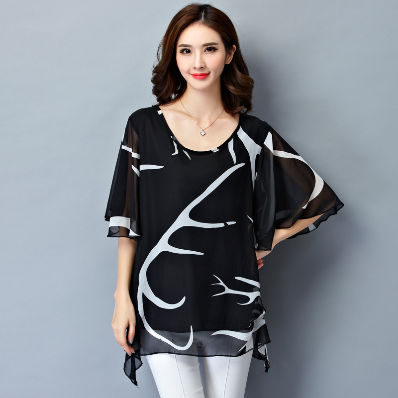 大码女装胖mm夏装雪纺衫加肥宽松显瘦妈妈T恤衫上衣200斤潮
