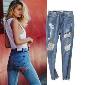 Fashion Fengshui High-waist Grinding Button Hole-edged Jeans 