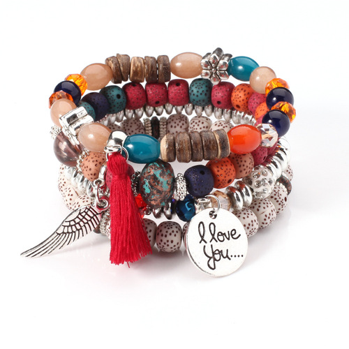 Best selling on AliExpress in Europe and the United States wing element imitation bodhi beads bohemian style multi-layered bracelet