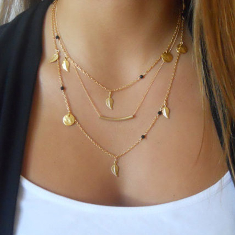 Golden Leaf Sequins Crystal Multi-Layer Necklace Wholesale