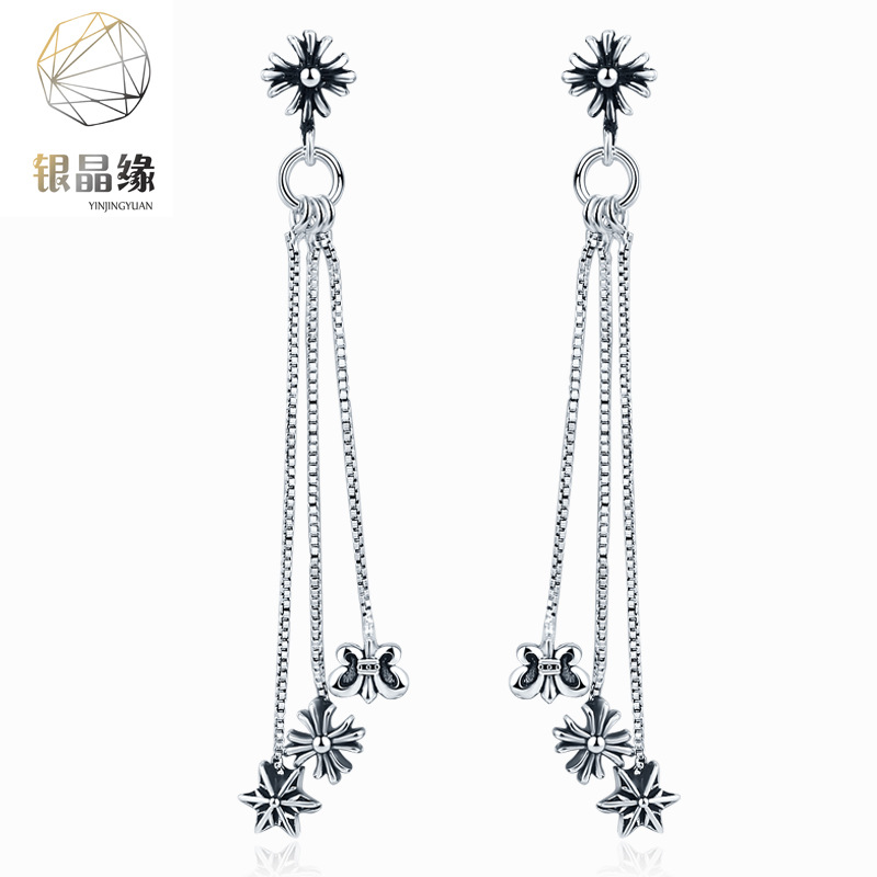 产地货源五角星流苏镀银耳钉女生新款耳环气质百搭十字架网红耳坠|ms