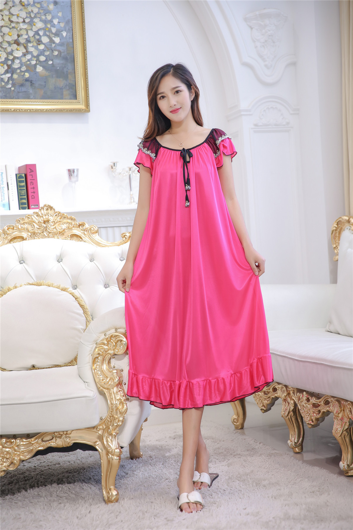 Simple Sexy  Solid Color Short Sleeves Ice Silk Polyester Long Pajamas display picture 45