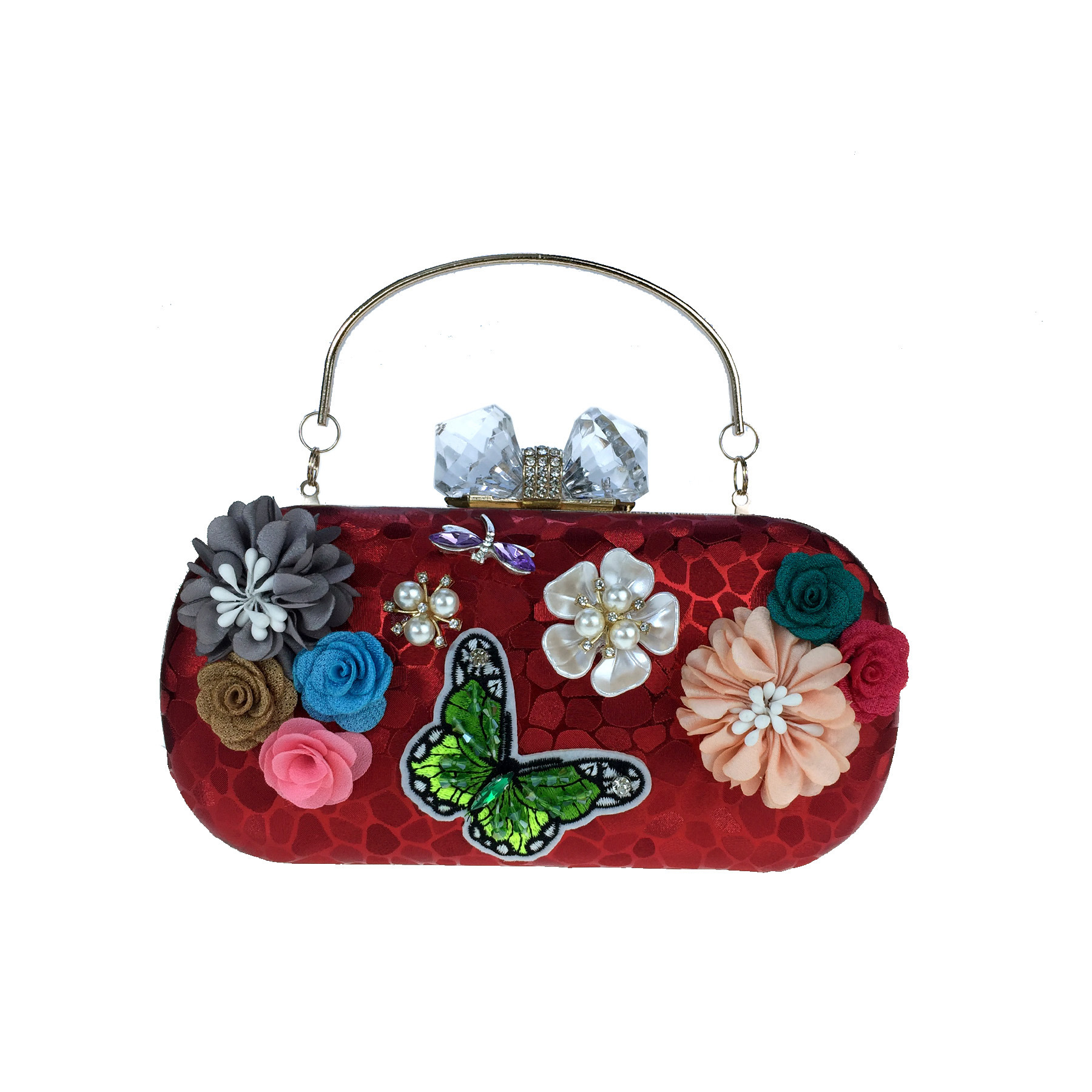 Túi clutch nữ dạ tiệc hoa satin thêu hạt bướm ngọc trai, tay cầm kim loại và dây đeo ngọc trai — Màu đỏ, Màu vàng, Màu bạc