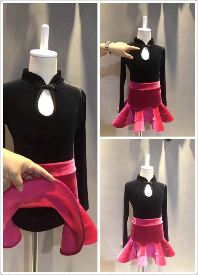 新款秋冬季儿童长袖拉丁舞练功服女童丝绒舞蹈裙少儿拉丁演出服装