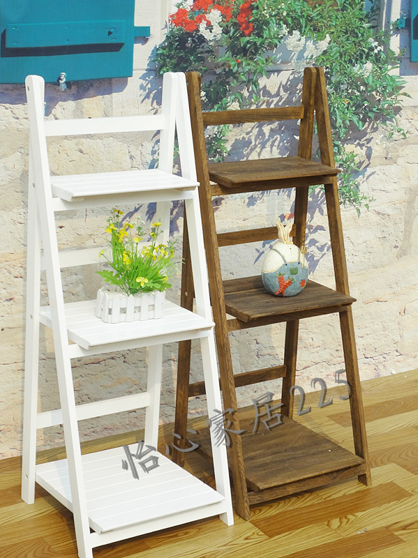 包邮白色花架实木质置物阳台折叠多层阶梯落地田园三四层梯形花架