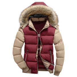 冬季休闲合体型红色拉链挖袋青年可脱卸领加厚现货纯色拉链棉衣