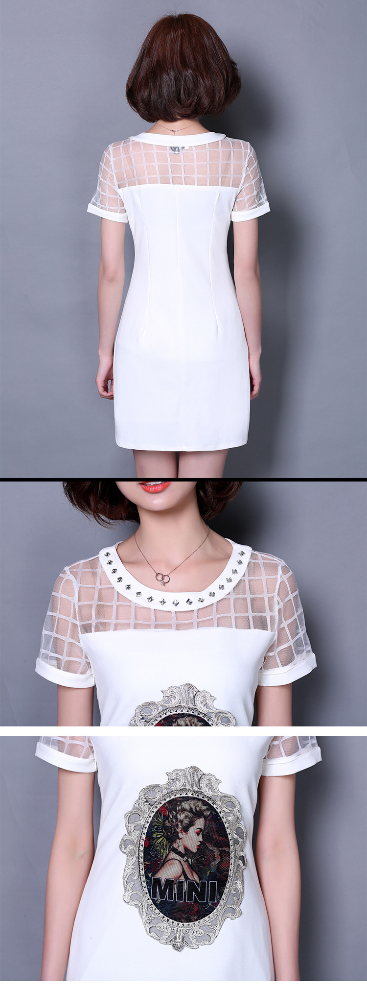Xuất khẩu 2017 mùa hè mới khâu lưới Cổ áo ngắn cổ tròn mỏng vừa vặn. - váy đầm váy trắng đẹp
