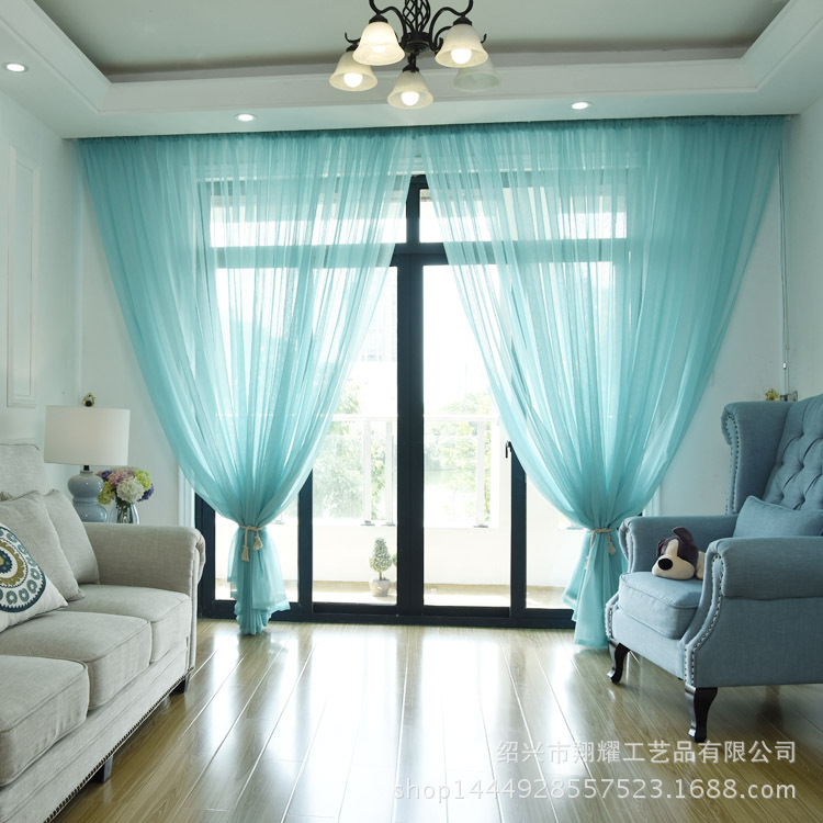 廠家直銷 蒂芙尼藍全多麗亞麻純色紗成品窗簾商場服裝店臥室窗紗