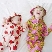 婴儿连体衣秋男女宝宝卡通薯条哈衣连帽长袖爬服批发代理一件代发