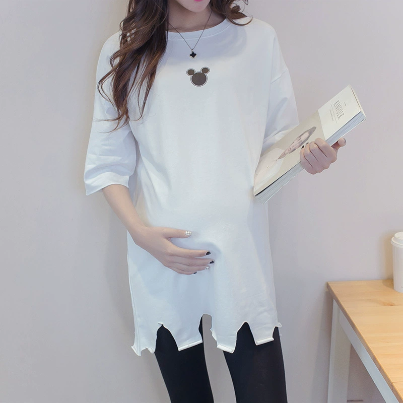 Новая Одежда для беременных из Южной Кореи, модная летняя футболка с короткими рукавами для беременных, топ, свободная модная Мумия средней длины больших размеров