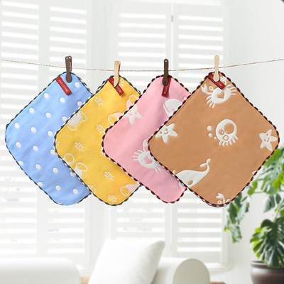 儿童纯棉六层纱布方巾幼儿方巾婴宝宝卡通挂钩小方巾柔软围嘴
