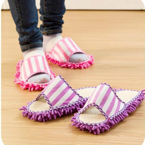 雪尼尔懒人擦地拖鞋珊瑚绒条纹可机洗拖鞋清洁地板可拆洗擦地拖鞋