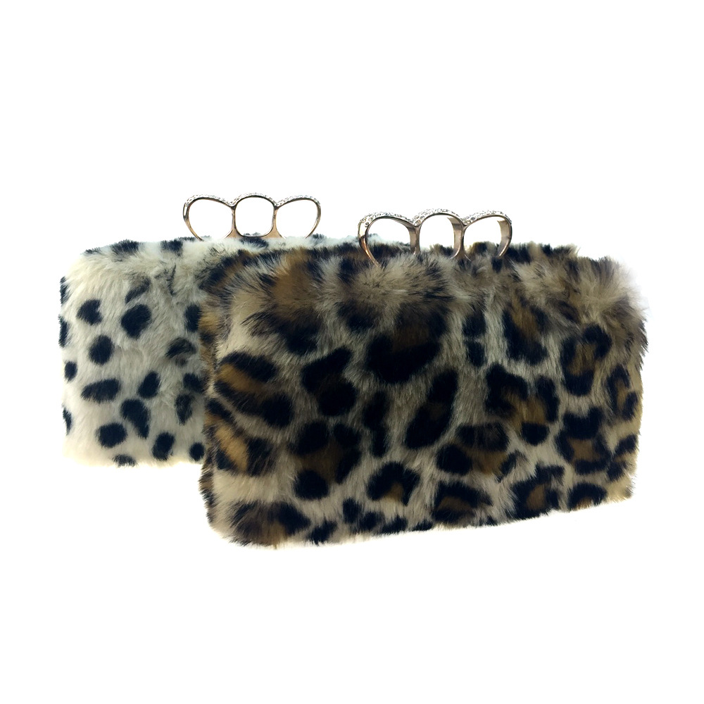 Túi clutch nữ lông giả họa tiết da báo, tay cầm và dây xích, dự tiệc sang trọng — Họa tiết da báo màu mơ, Họa tiết da báo màu camel chi tiết 2