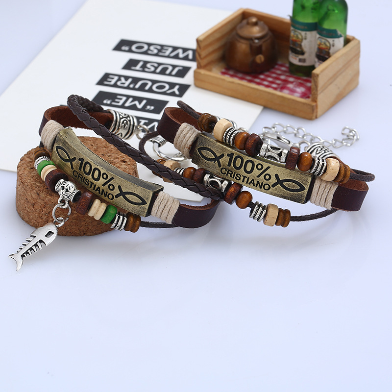 Punk Handmade Beaded Leather Bracelet Bronze Alloy Fishbone Leather Bracelet display picture 6