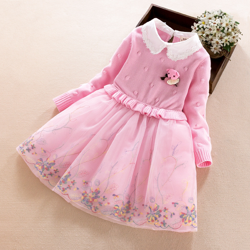 2018秋季新品童裙中大童纯棉毛衣裙绣花网纱儿童裙字一件代发现货