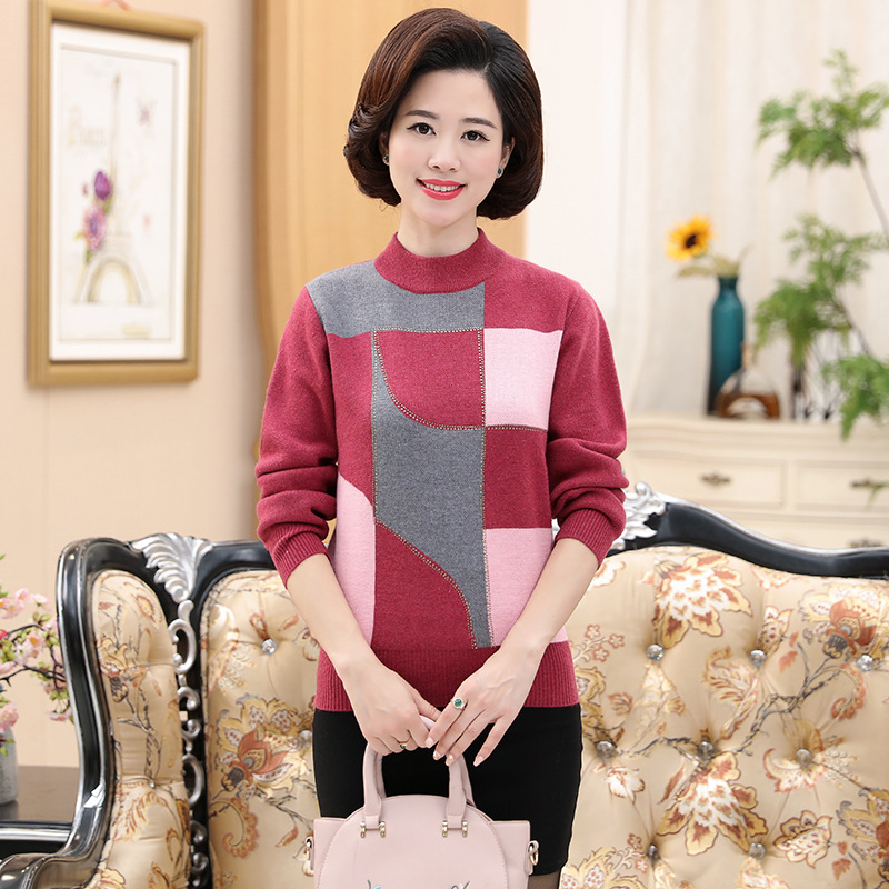 2019 autumn women's casual fashion geometric pattern pullover knitted mother shirt middle-aged and old women's top wholesale