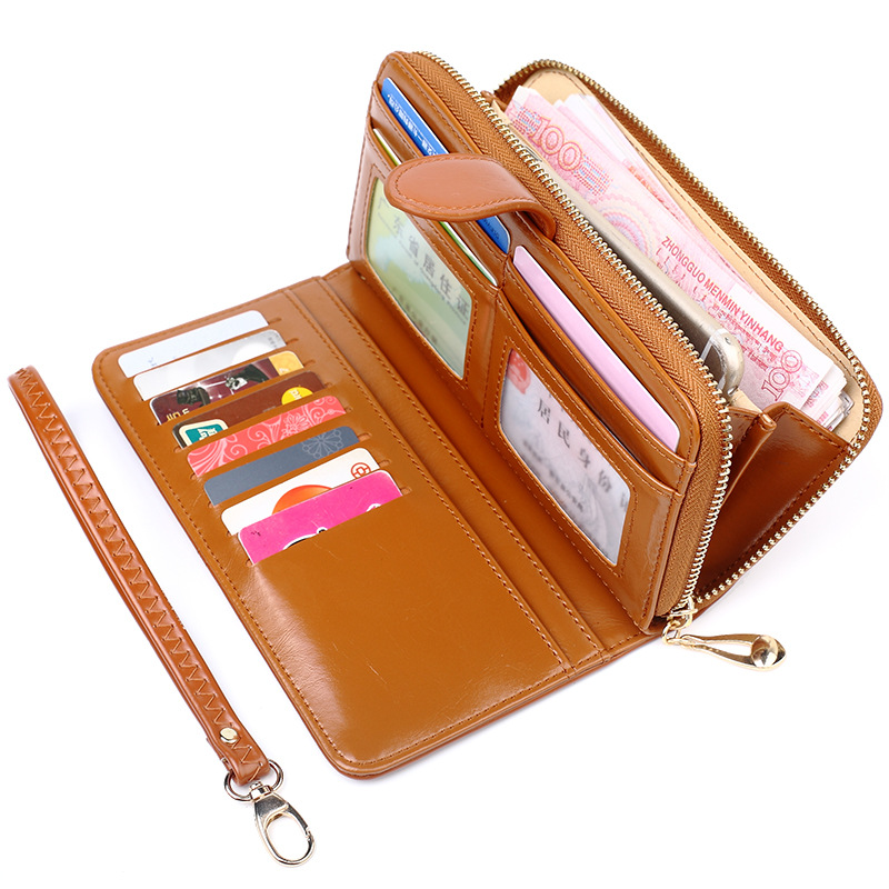 Hot sale oil wax leather wallet vintage cross-border mobile phone bag long zipper coin bag women's card bag big bill holder H680