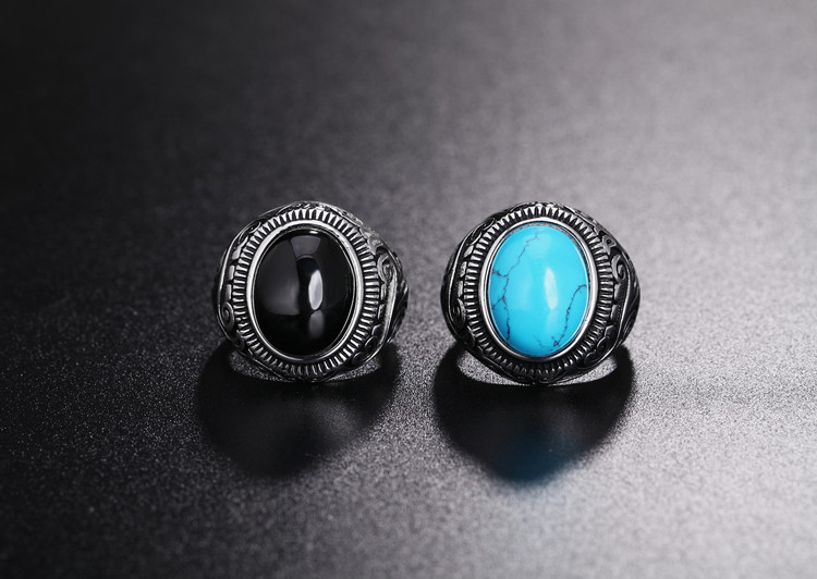 Retro Solid Color Titanium Steel Inlay Turquoise Men's Rings display picture 1
