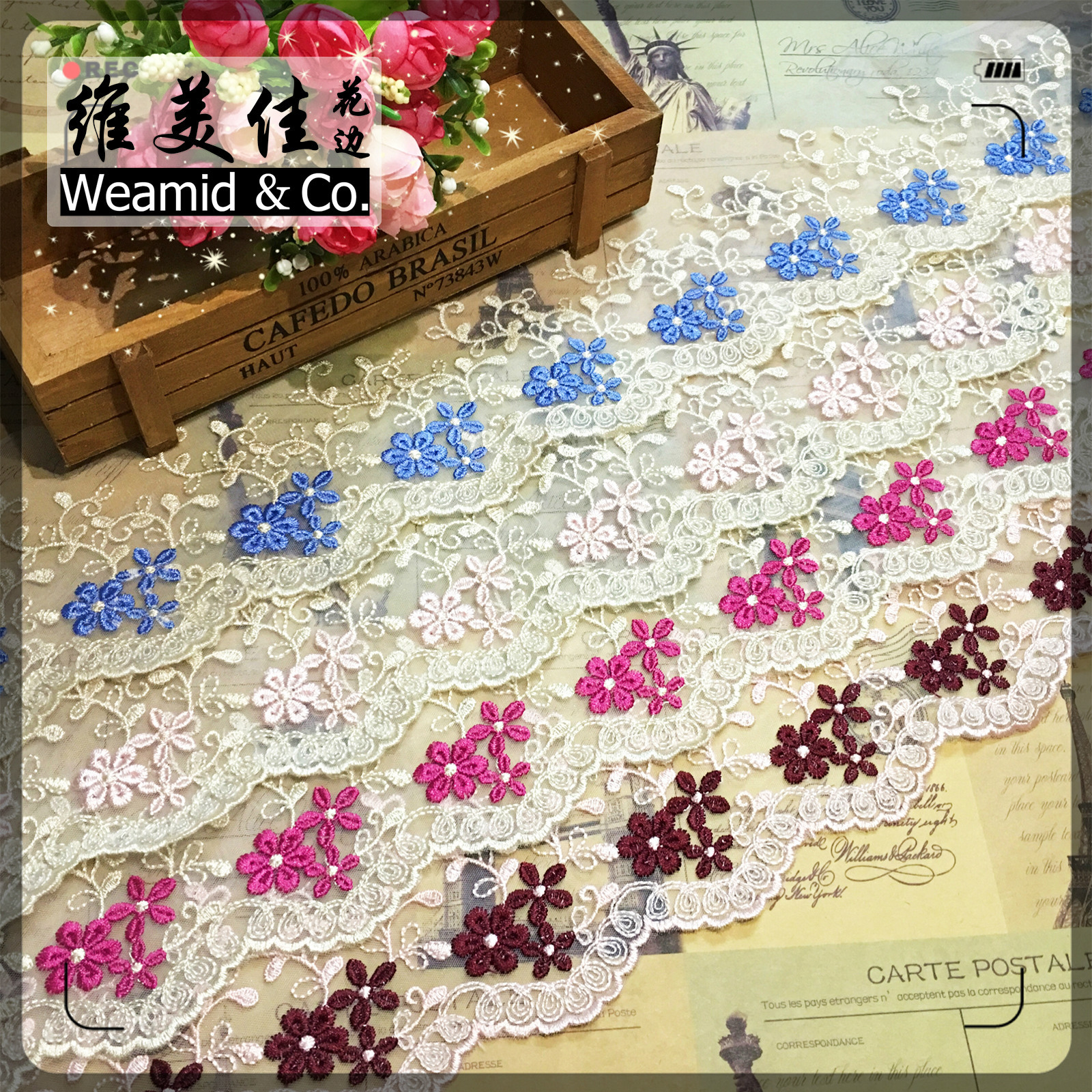 厂家直销 10CM涤光双色水溶花边 多色蕾丝玫瑰网布刺绣 DIYlace