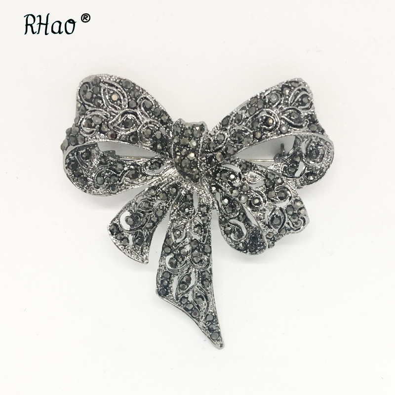 Vintage Black Rhinestone Bow Brooch for Women
