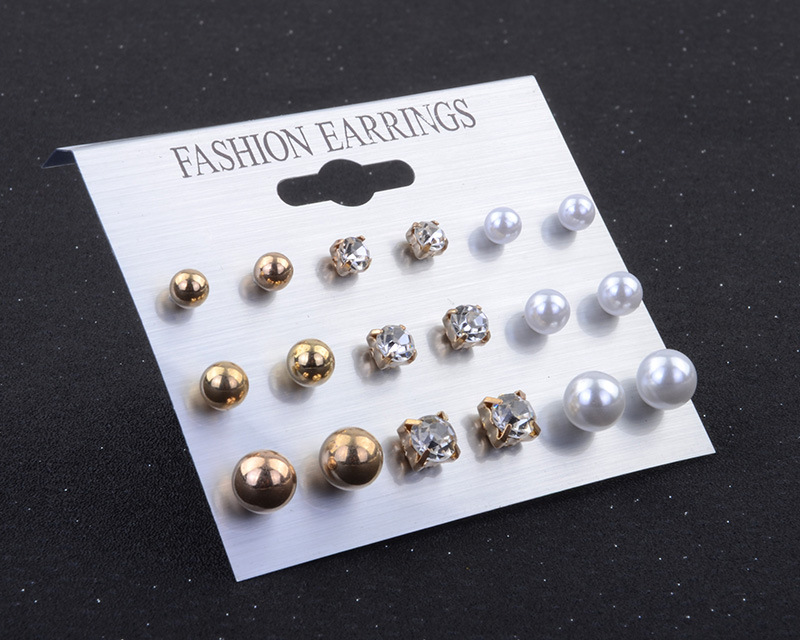 Aretes De Perlas De Diamantes De Imitación Pendientes De Botón Set De 9 Pares De Tablas display picture 7