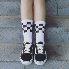 韓國ulzzang日系原宿港風二三槓棋盤格運動棉長襪子 男女條紋女襪