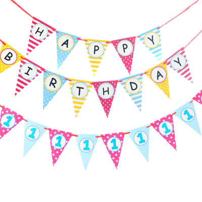 厂家直销 生日快乐纸质三角旗 1岁拉旗 百天彩旗 宝宝周岁装饰|ms