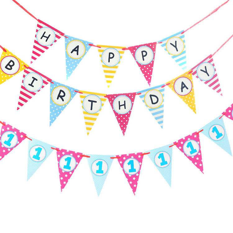 厂家直销 生日快乐纸质三角旗 1岁拉旗 百天彩旗 宝宝周岁装饰|ms