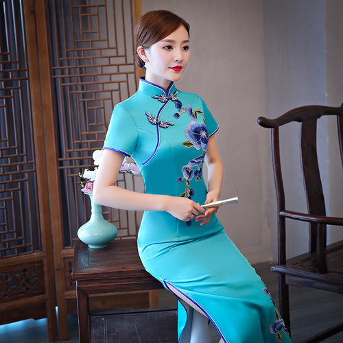 Chinese Dress Qipao Cheongsam performance Dress Satin Embroidered cheongsam dress custom show