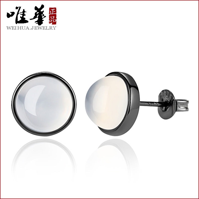 Moonlight Forest Silver earrings girl student black Sweet natural White Chalcedony Ear Studs White Moonlight Tremella Jewelry