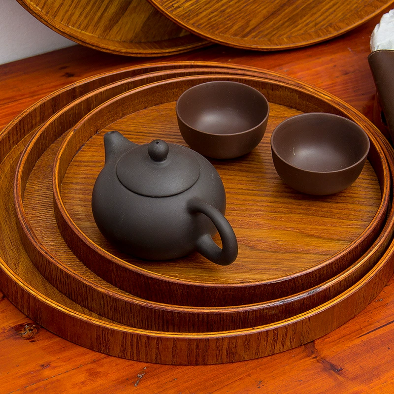 Round Solid Wood Tea Tray, Japanese-Style Serving Plate, Multiple Diameters 21–37.5 cm
