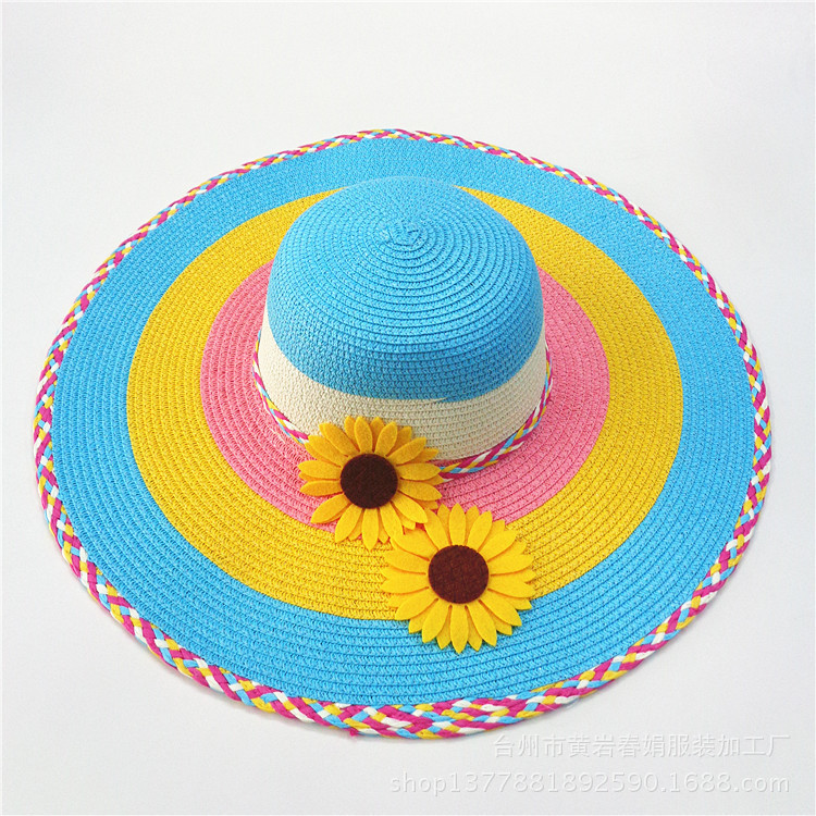 Nuevo verano de las mujeres girasol sombrero de paja grande turismo escénico punto playa sombrero al por mayor