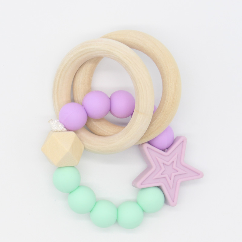 Dientes de bebé mordedura mordedor silicona palo mordedor madera creativo estrella rompecabezas mano juguete teether