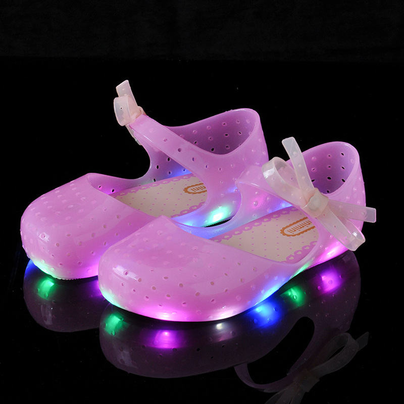 New Children's Baby Jelly Crystal Luminescent LED Flash Bow Girls' Sandals Princess Shoes_voghion.com