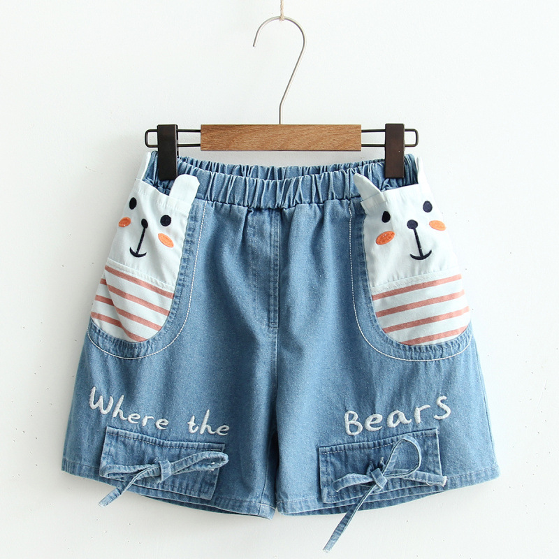 Cao đẳng Gió ngọt túi Meng Mei tai phim hoạt hình thỏ thêu denim quần sọt đàn hồi eo quần bán buôn nghệ thuật