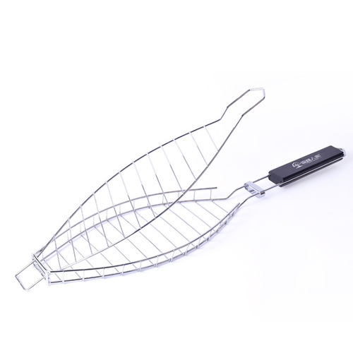 BBQ Grill Tools Stainless Steel Grill Net Fish Grilling Clips Grill Rack Fish-Shaped Wooden Handle Grill Net Outdoor Fish Grilling