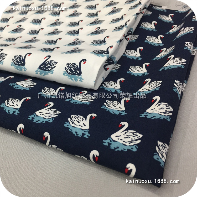 棉布平纹仿天丝印花动物鹅图案女装连衣裙印花面料衬衫印花布法式