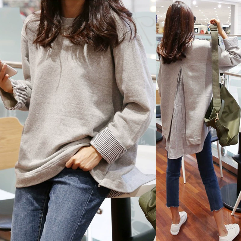 Весна 2021, новая женская футболка в полоску из поддельных двух частей, короткая сзади, с длинным рукавом, свободная Студенческая футболка средней длины в Корейском стиле