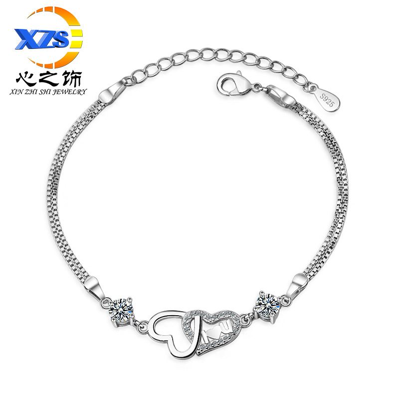 Bracelet Women's Korean-style Double Love Fashion Elegant Diamond Love Bracelet Sweet Cute Heart-shaped Hand Jewelry